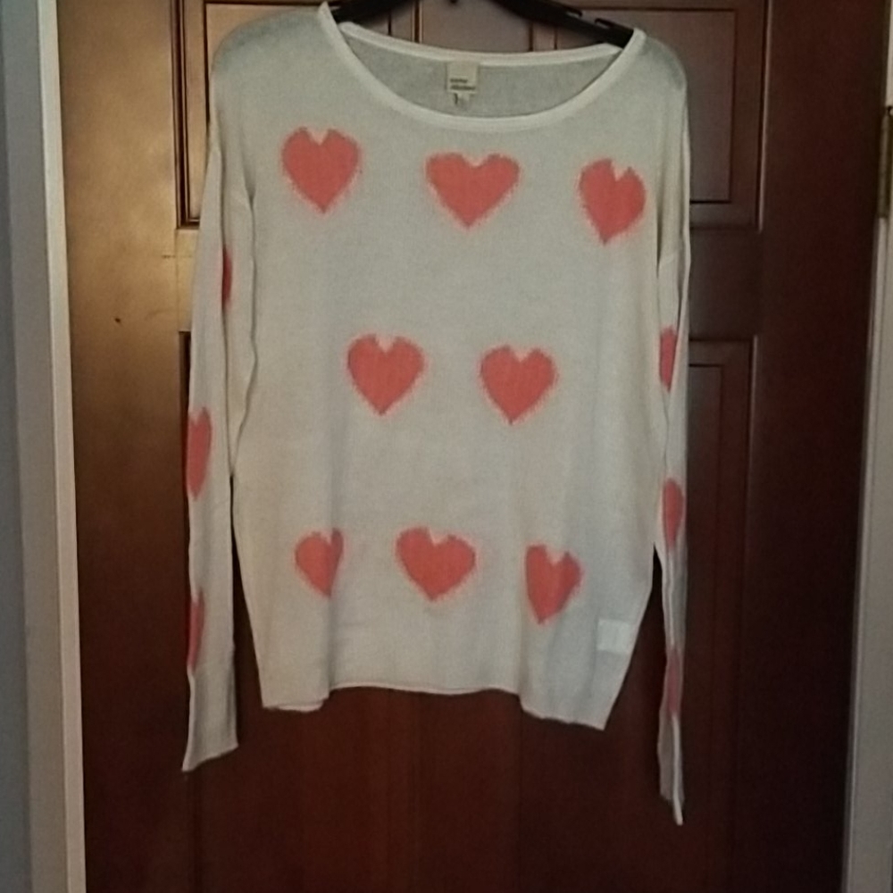Cover Stitched Sheer Pink Hearts Sweater Size L